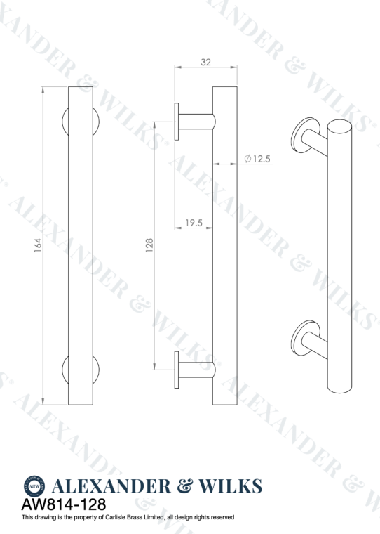A&W Satin Nickel Round T Bar Cupboard Pull Handle c/c 128mm | AW814-128-SN