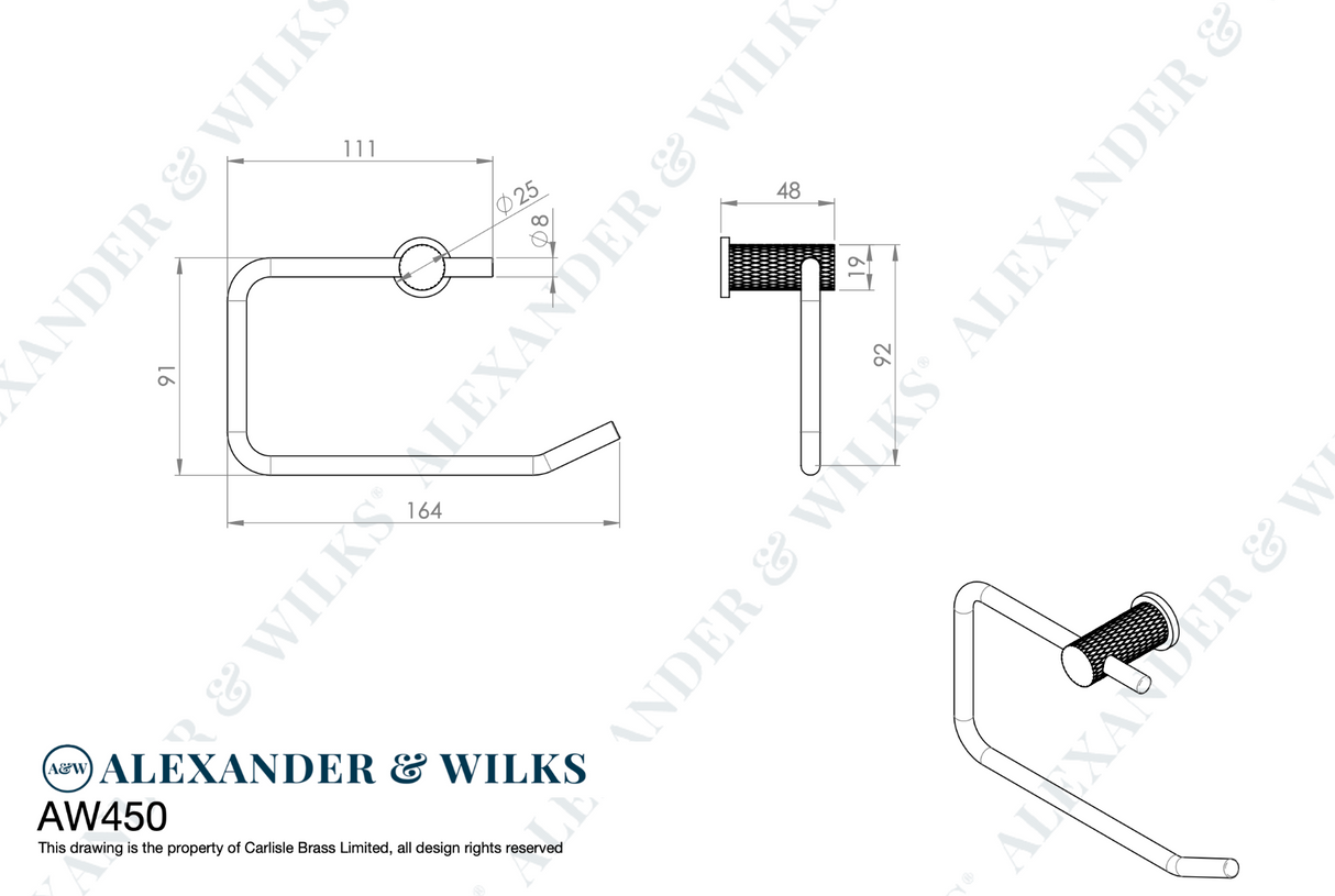 Alexander & Wilks Satin Brass PVD Brunel Diamond Knurled Toilet Roll Holder | AW450SBPVD