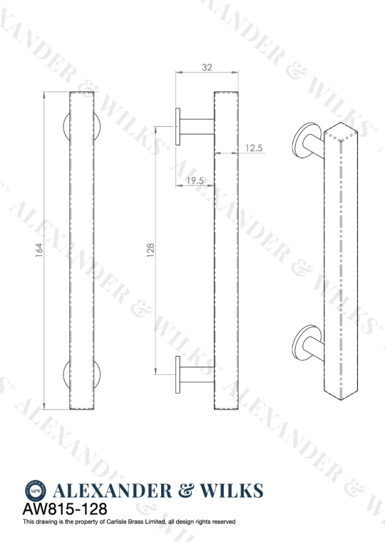 A&W Satin Brass Square T Bar Cupboard Pull Handle c/c 128mm | AW815-128-SB