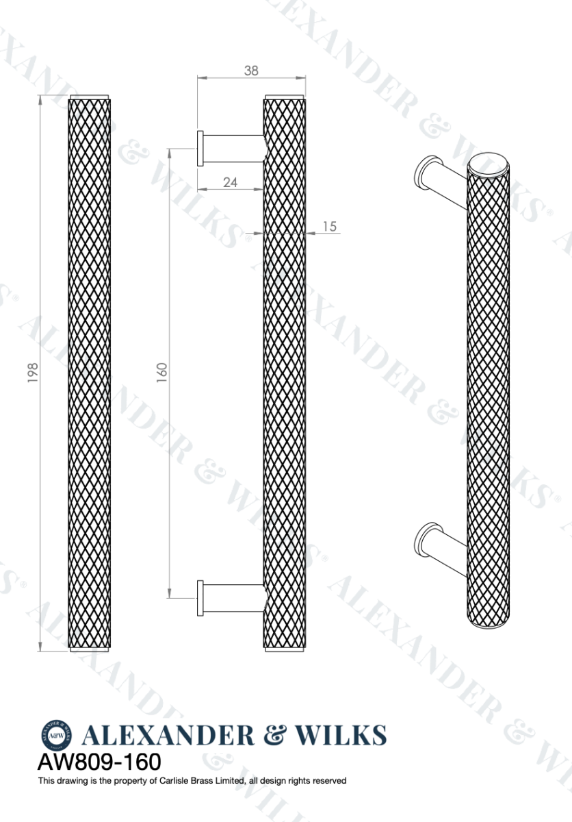A&W Crispin Matt Black Knurled T Bar Pull Handle c/c 160mm