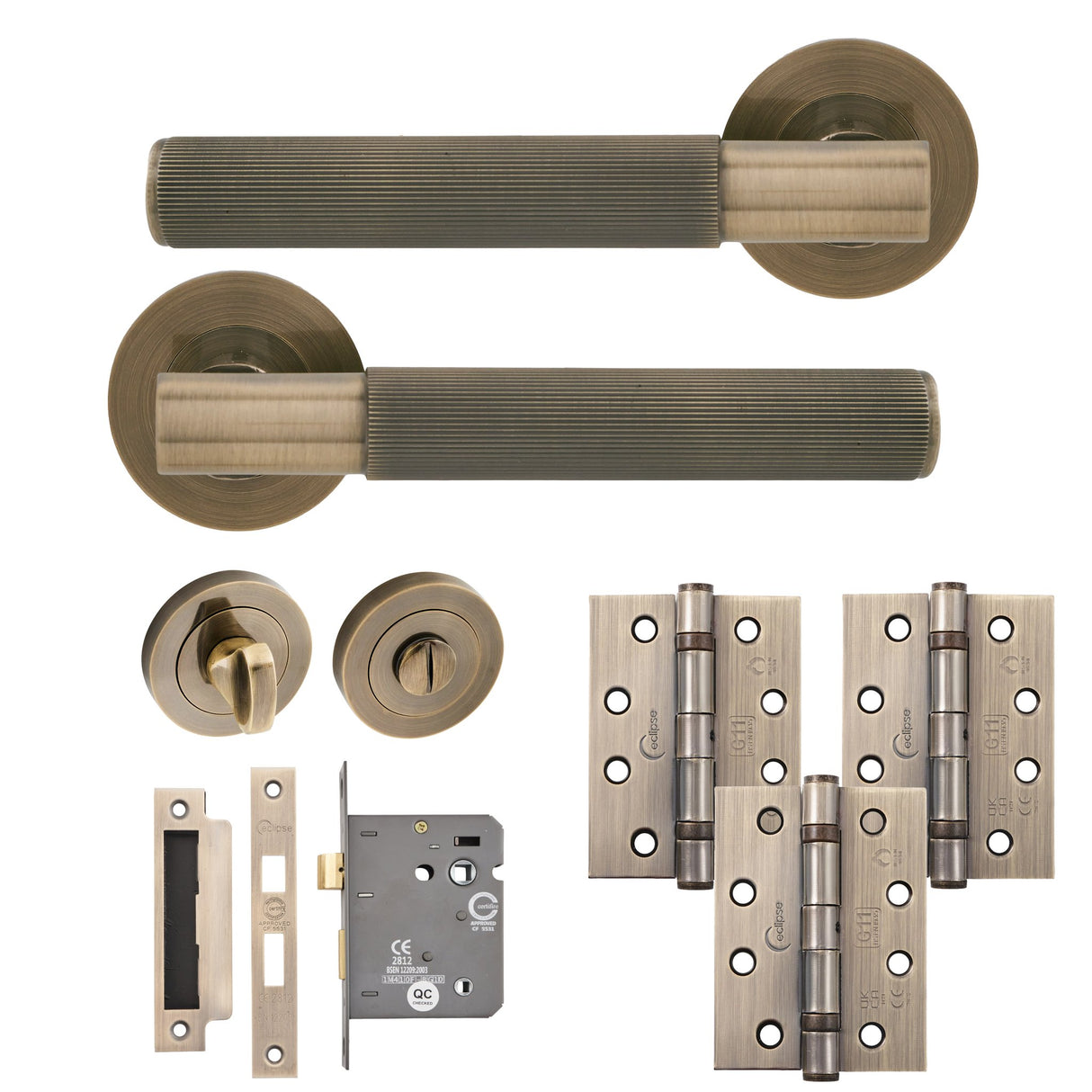 Eclipse Insignia Antique Brass Linear Bathroom Door Pack | 102x76mm (4") Hinge  |  22855