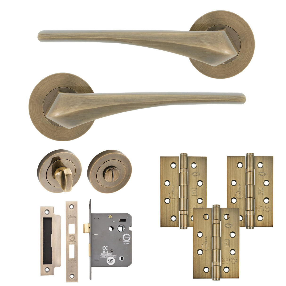 Eclipse Insignia Antique Brass Lanza Bathroom Door Pack | 102x67mm (4")  Hinge  |  22935