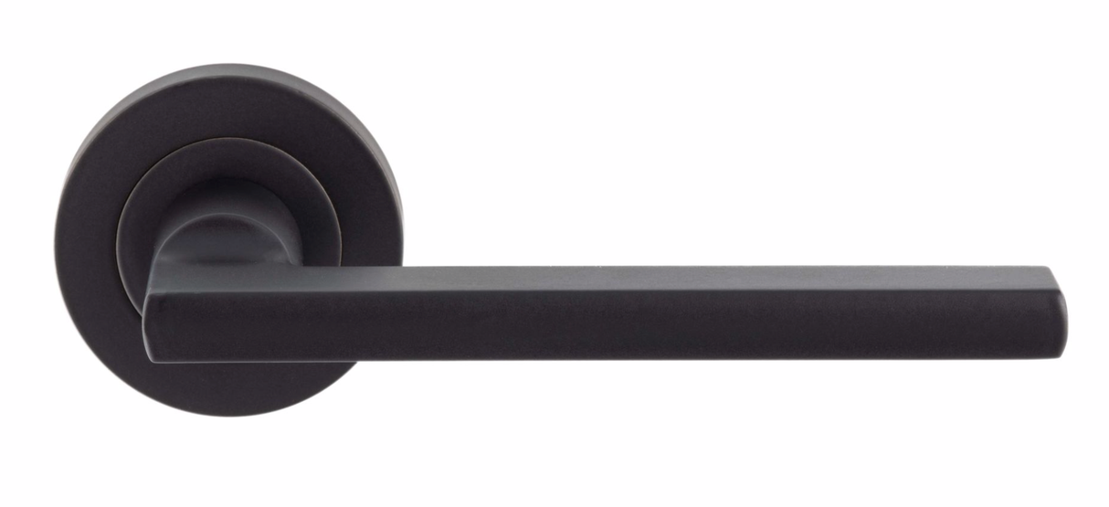 Set Matt Black Trentino Lever Furniture on round rose | EUL030MB