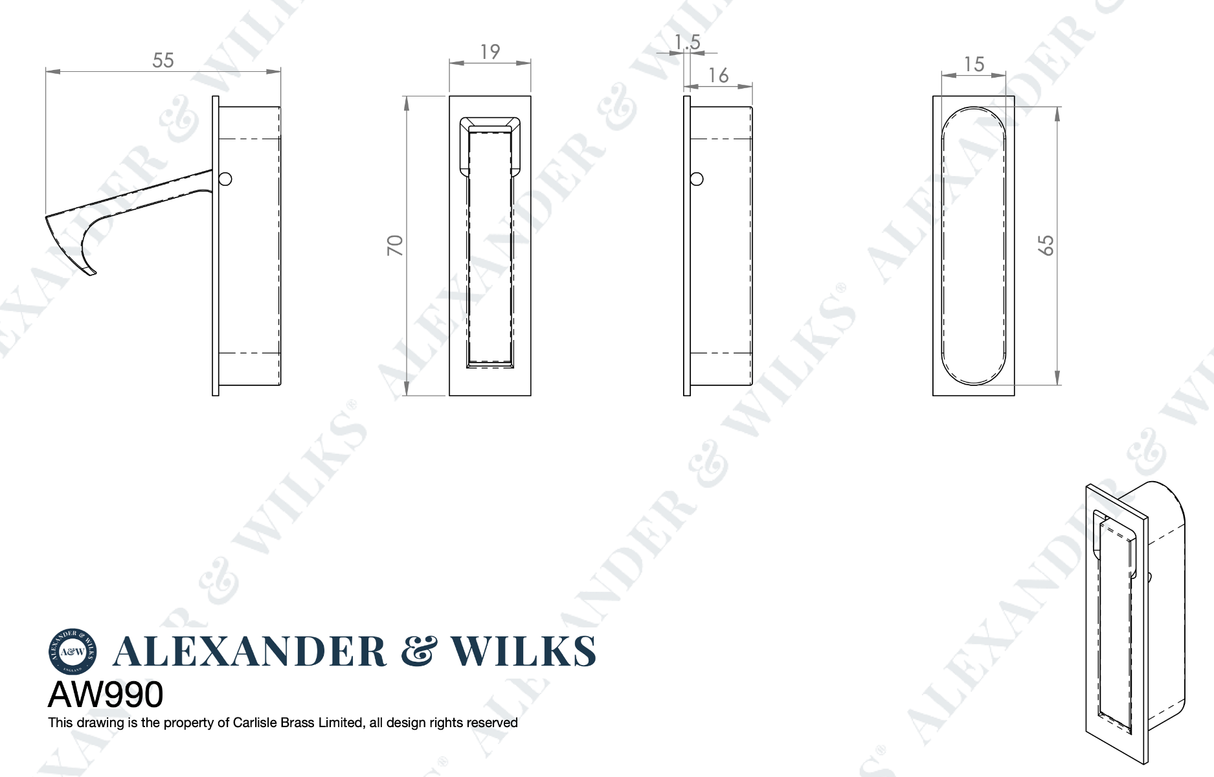 A&W Satin Nickel Square Sliding Door Edge Flush Pull  | AW990SN