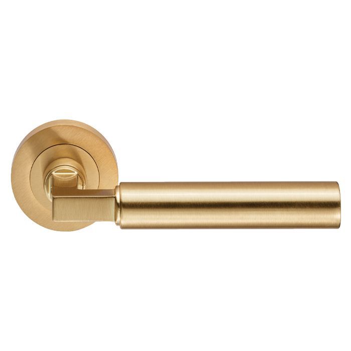 Set Satin Brass Amiata Lever Furniture on round rose | EUL040SB
