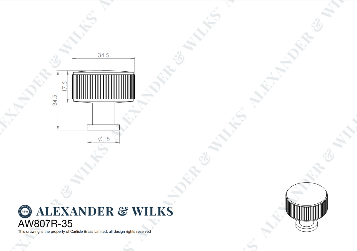 Alexander and Wilks Satin Brass PVD 35mm Lucia Reeded Line Cupboard Knob | AW807R-35-SBPVD