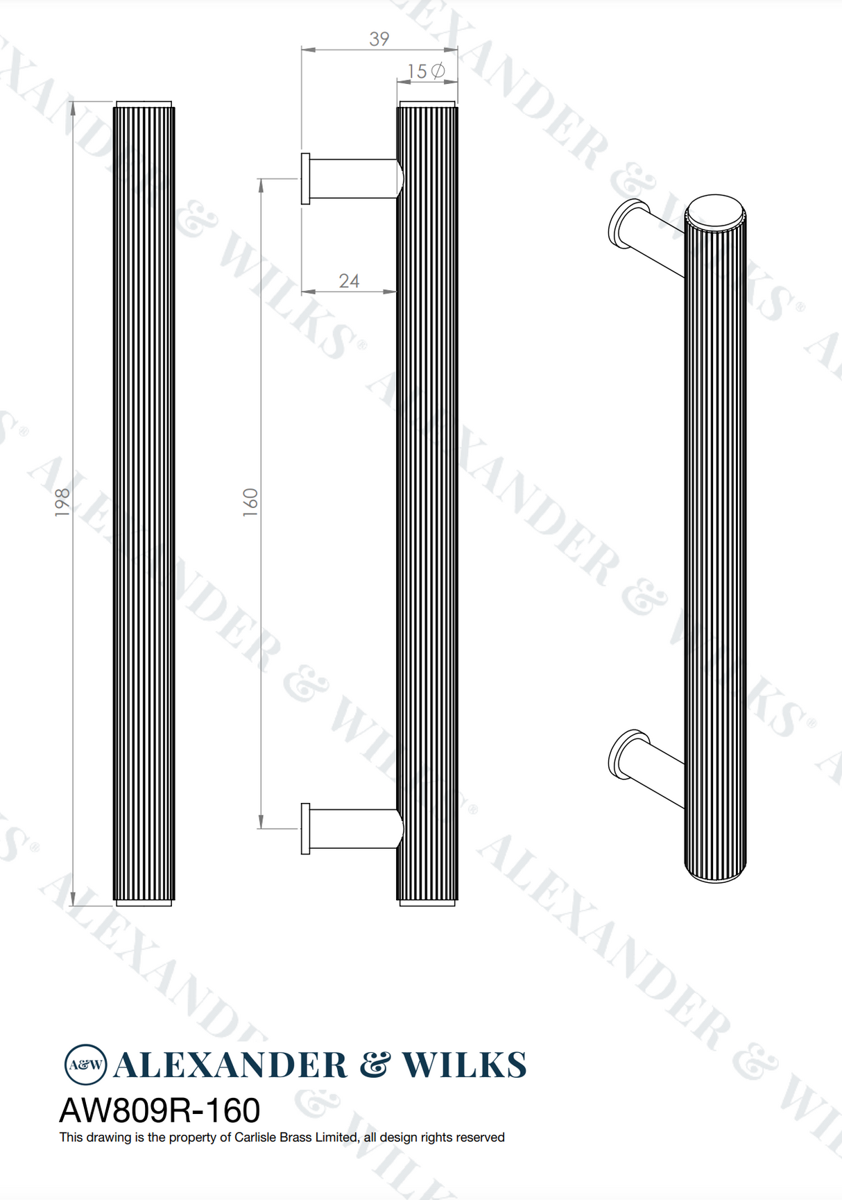 A&W Satin Brass PVD Crispin Reeded Line T Bar Pull Handle c/c 160mm | AW809R-160-SBPVD