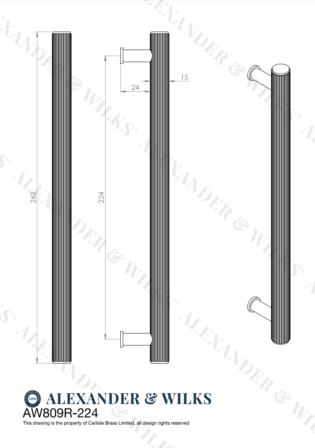 A&W Satin Brass PVD Crispin Reeded Line T Bar Pull Handle c/c 224mm | AW809R-224-SBPVD