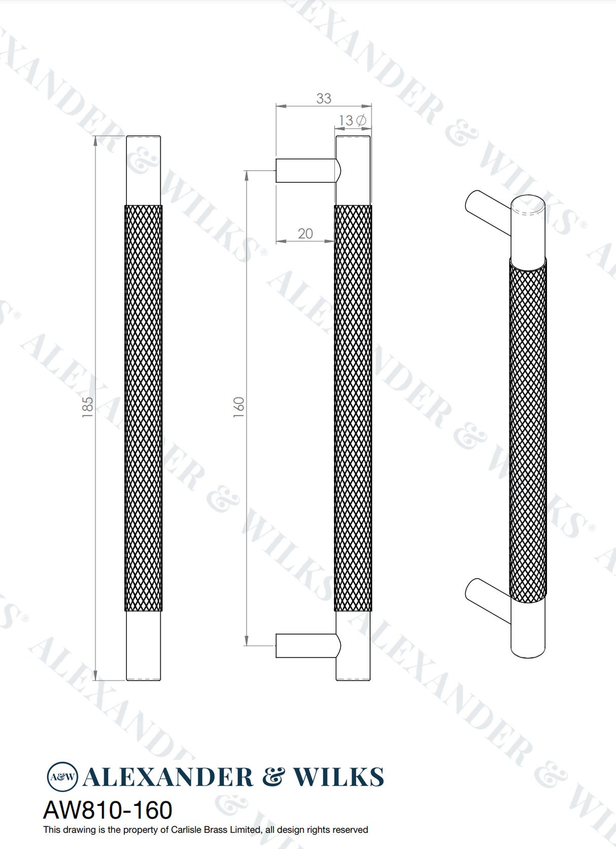 A&W Antique Brass Brunel Knurled T Bar Pull Handle c/c 160mm