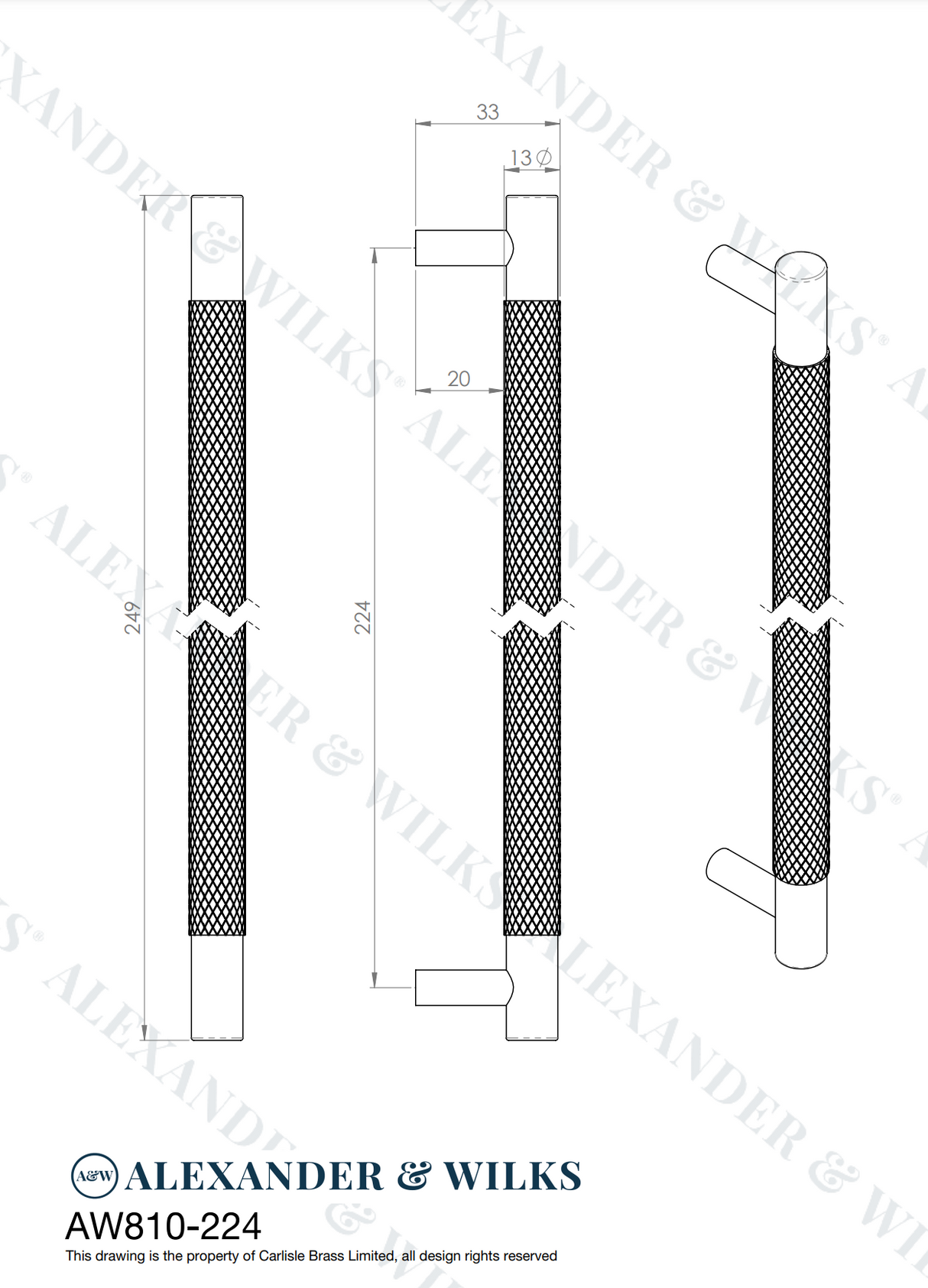 A&W Matt Black Brunel Knurled T Bar Pull Handle c/c 224mm