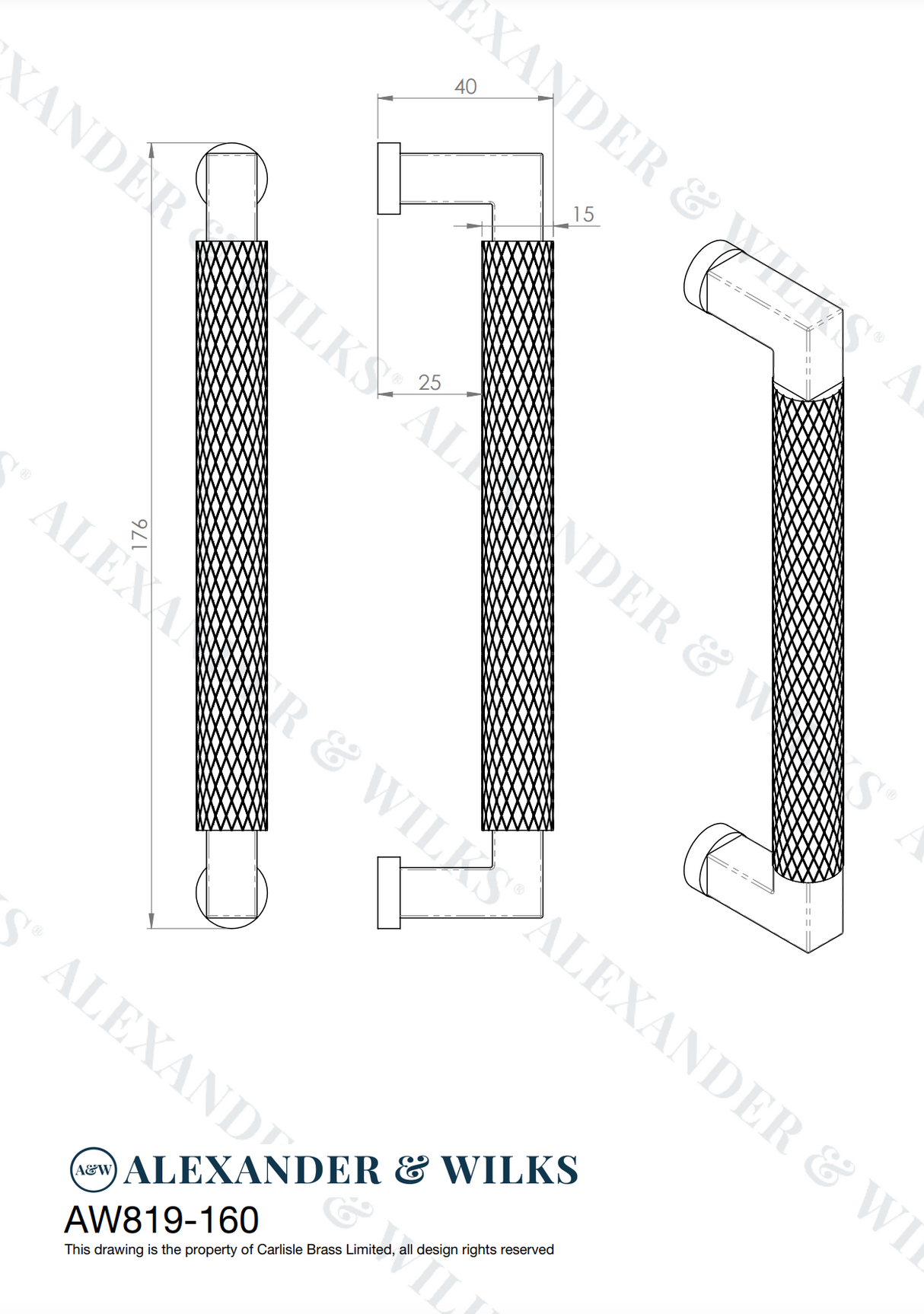 A&W Matt Black Camille Knurled Cabinet Pull Handle c/c 160mm AW819-160-BL