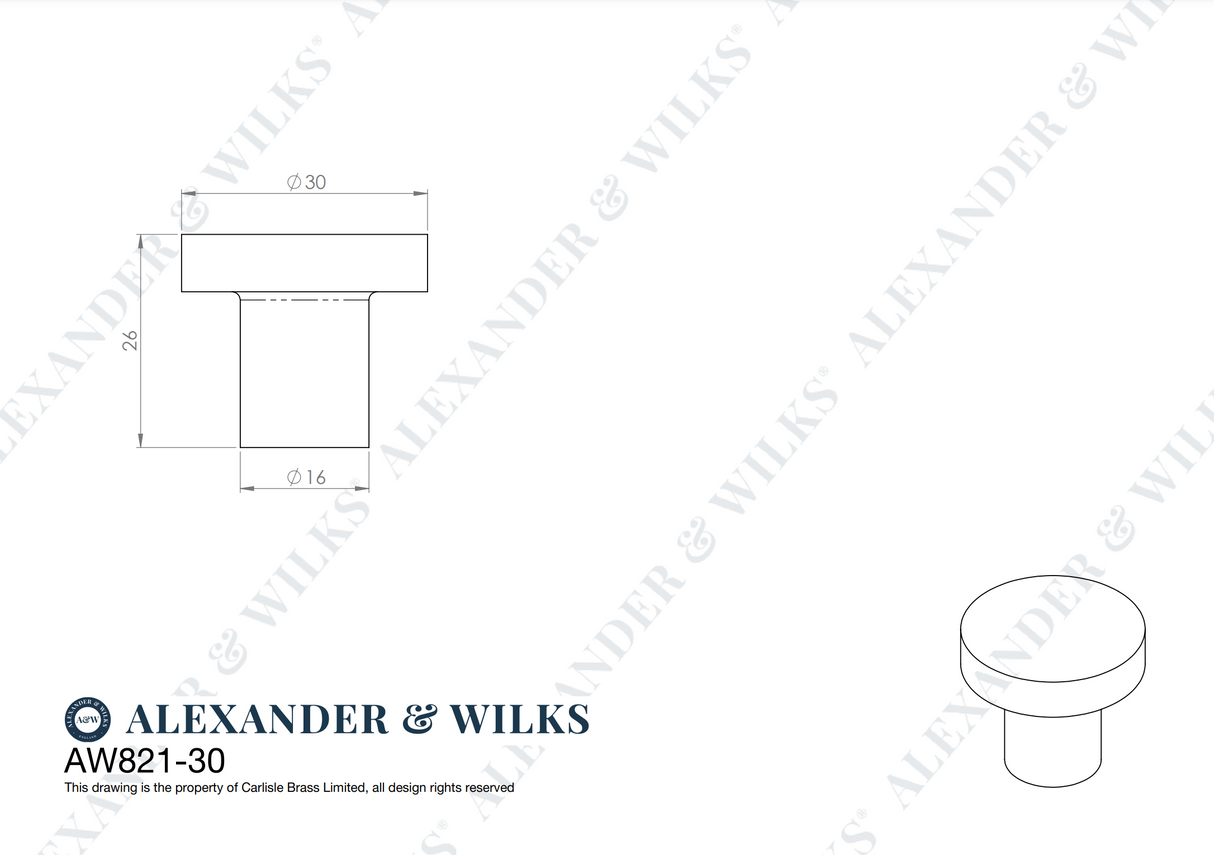 Alexander & Wilks Satin Nickel 30mm Hanover Plain Cupboard Knob