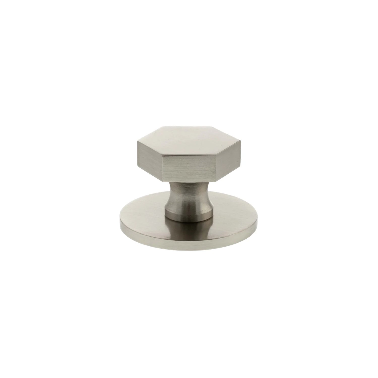 Millhouse Brass Satin Nickel Pennington Hexagonal Cabinet Knob Handle on Backplate  |  MHCHB1532SN