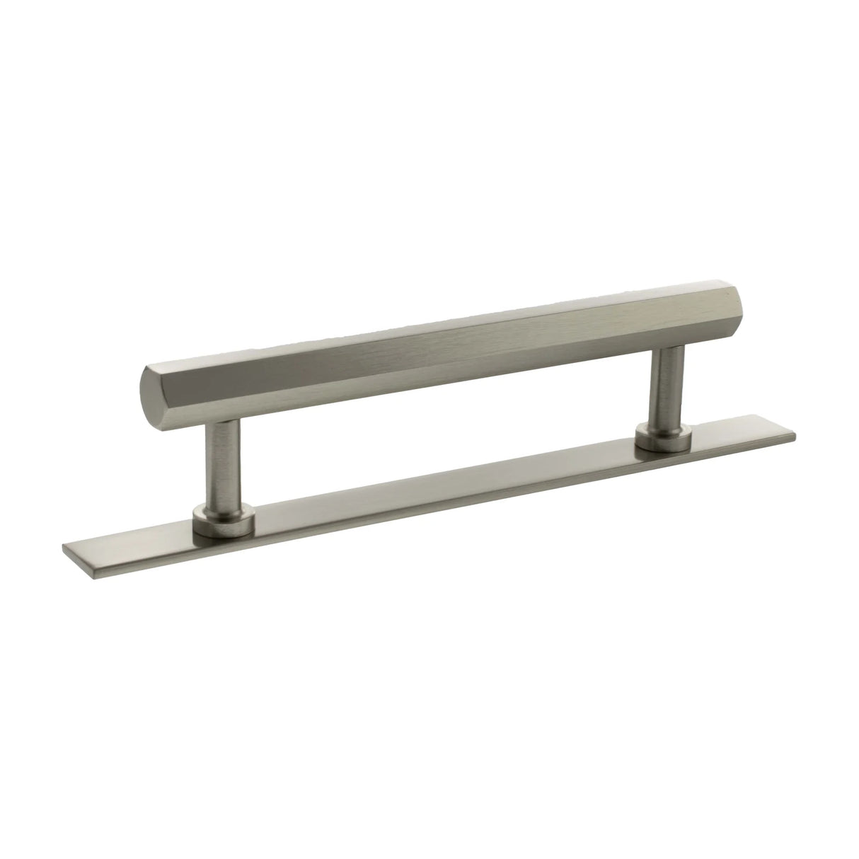 Millhouse Brass Satin Nickel 128mm Pennington Hexagonal T-Bar Cabinet Pull Handle on Backplate  |  MHCHB17128SN