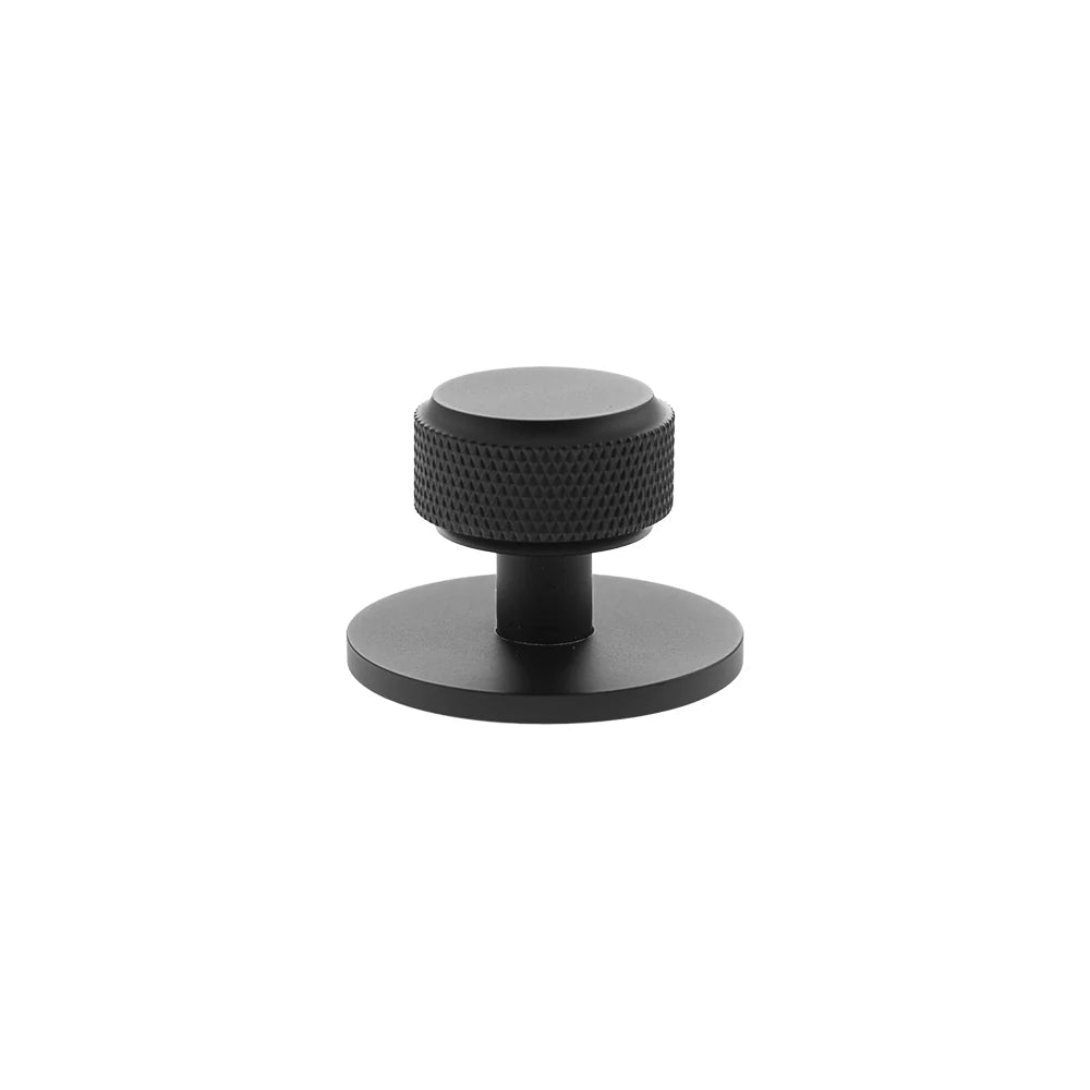 Millhouse Brass Matt Black Eiffel Knurled Round Cabinet Knob on Backplate  |  MHCKB1532MB