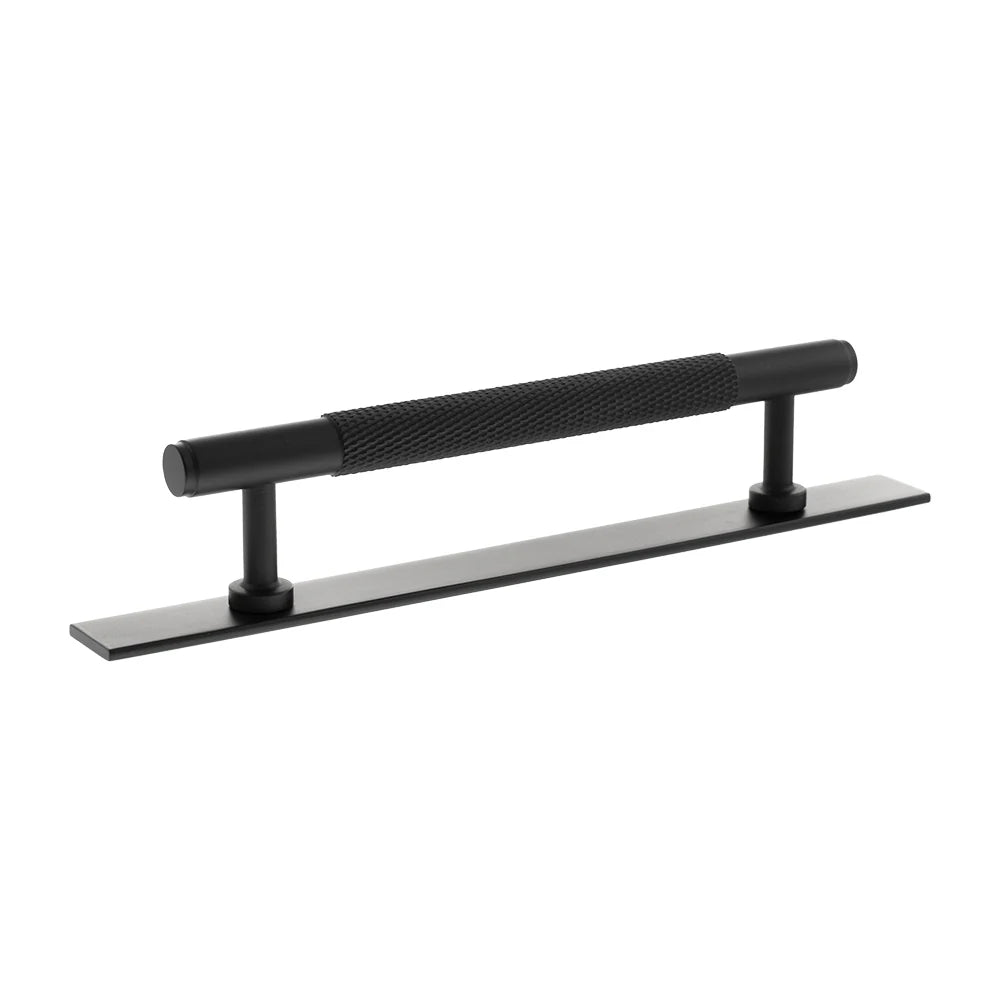 Millhouse Brass Matt Black 128mm Eiffel Knurled T-Bar Cabinet Pull Handle on Backplate  |  MHCKB17128MB