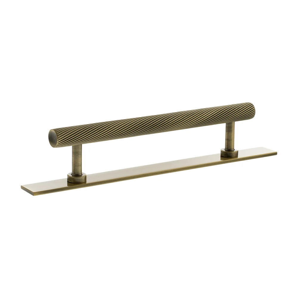 Millhouse Brass Antique Brass 128mm Paddington Spiral T-Bar Cabinet Pull Handle on Backplate  |  MHCSB17128AB
