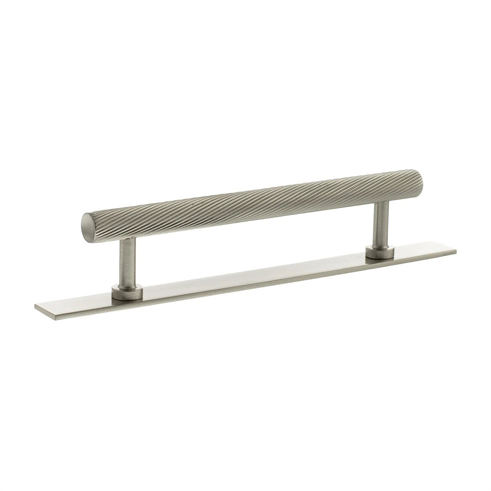 Millhouse Brass Satin Nickel 128mm Paddington Spiral T-Bar Cabinet Pull Handle on Backplate  |  MHCSB17128SN