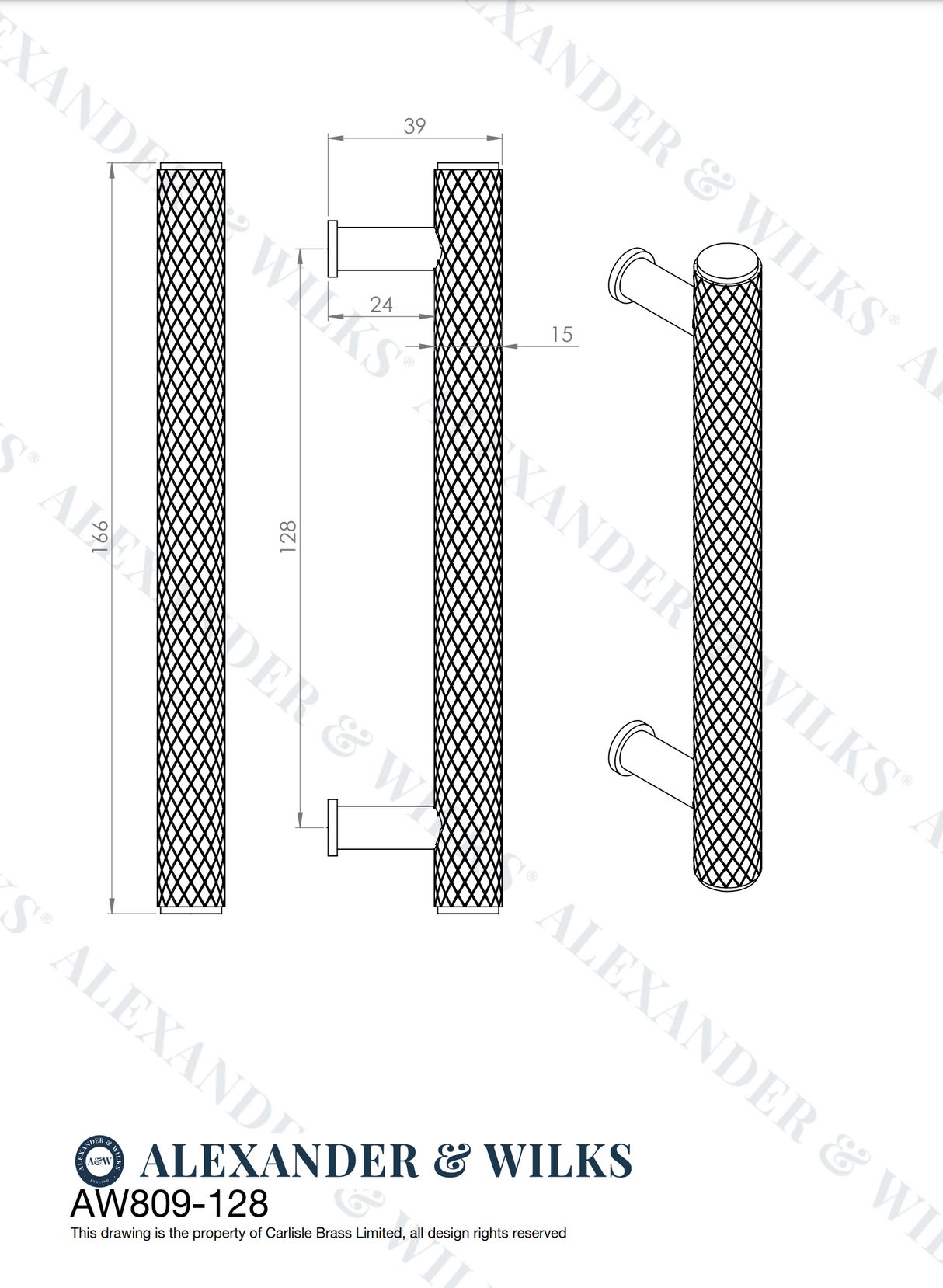 A&W Crispin Antique Brass Knurled T Bar Cupboard Pull Handle c/c 128mm
