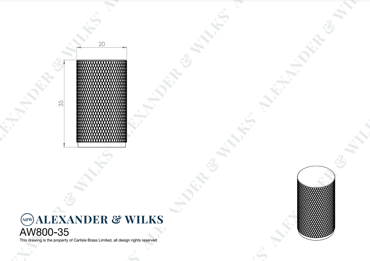 Alexander and Wilks Satin Brass PVD 35mm Brunel Knurled Cupboard Knob  | AW800-35-SB