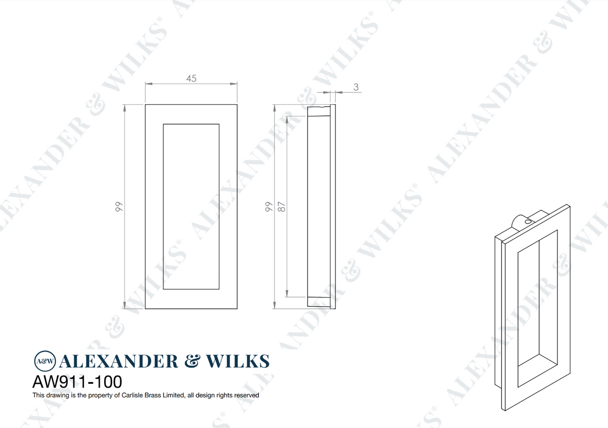 A&W Satin Brass PVD 100 x 45mm Rectangular Flush Pull  | AW911-100-SBPVD
