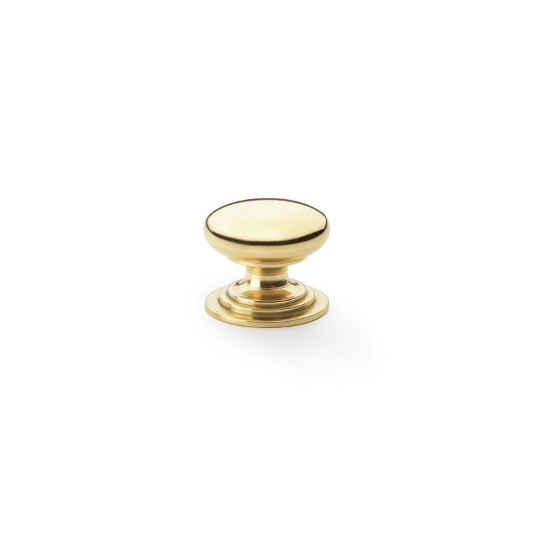 Alexander and Wilks Polished Brass Lacquer 25mm Round Cupboard Knob on Stepped Rose | AW825-25-PBL