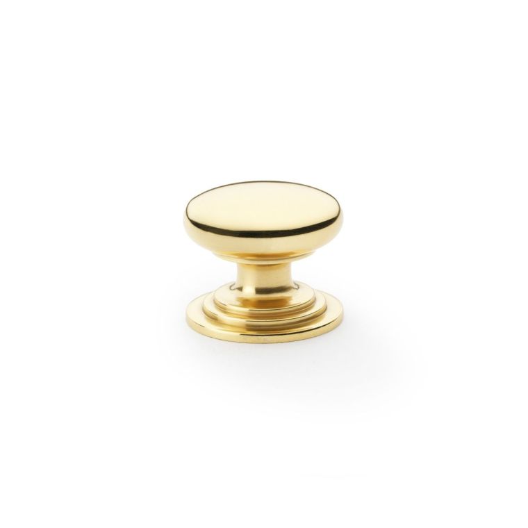 Alexander and Wilks Polished Brass Lacquer 32mm Round Cupboard Knob on Stepped Rose | AW825-32-PBL