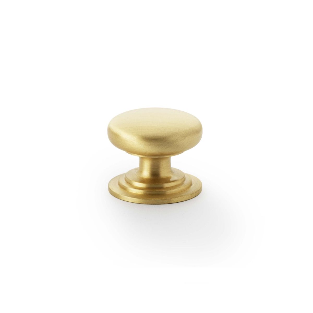 Alexander and Wilks Satin Brass 32mm Round Cupboard Knob on Stepped Rose | AW825-32-SB