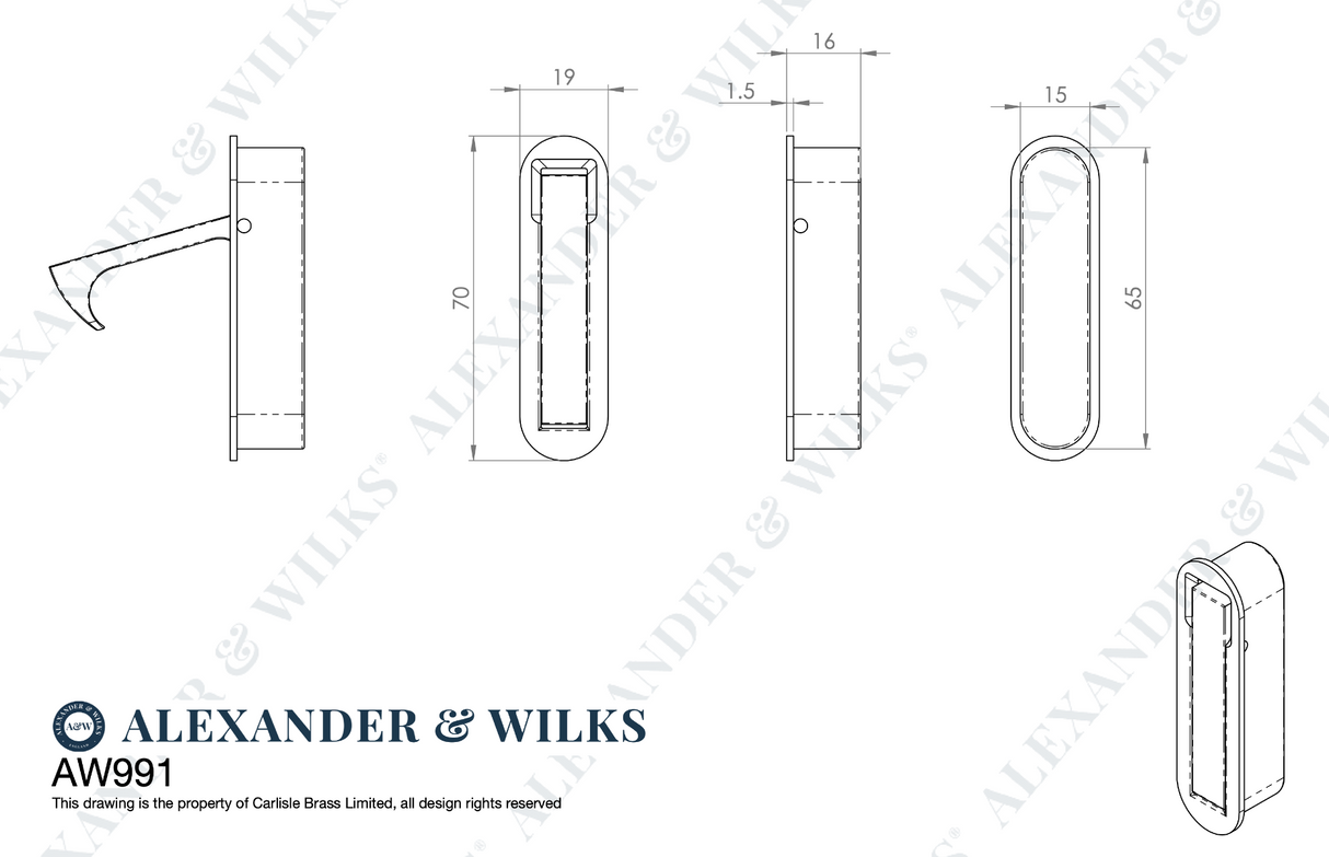 A&W Antique Brass Radius Sliding Door Edge Flush Pull  | AW991AB