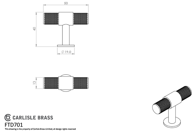 Antique Brass 50mm Knurled T-Bar Knob | FTD701AB