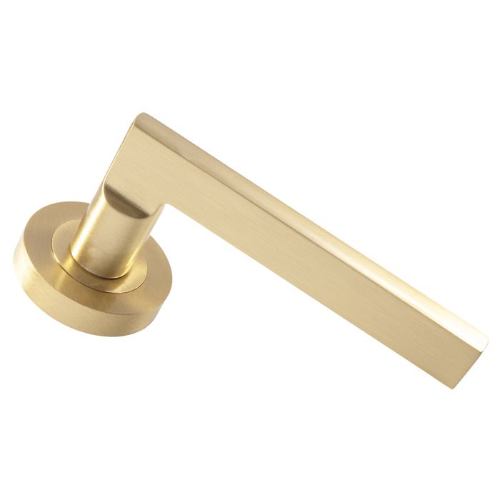 Set Satin Brass Trentino Lever Furniture on round rose | EUL030SB