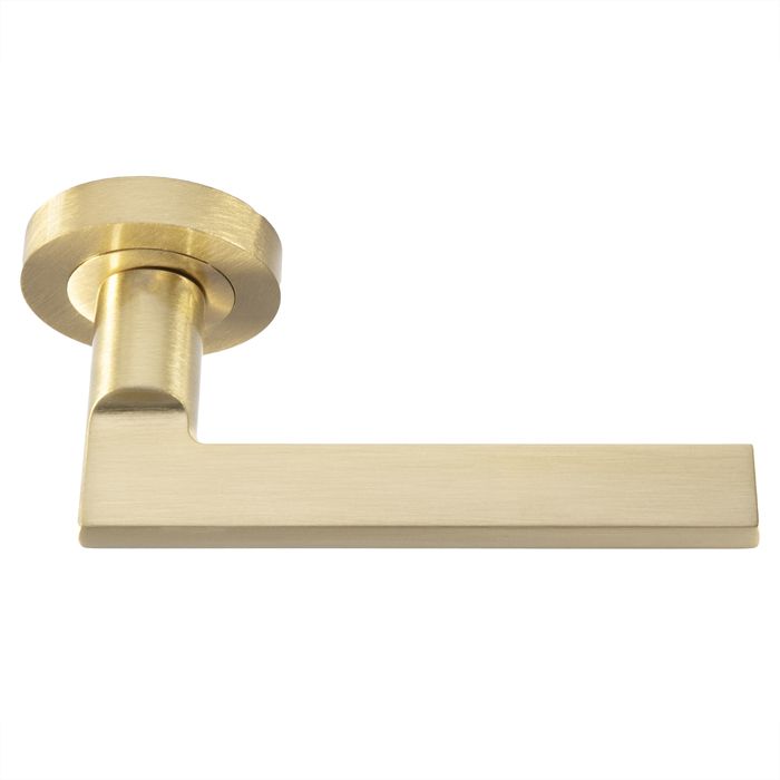Set Satin Brass Trentino Lever Furniture on round rose | EUL030SB