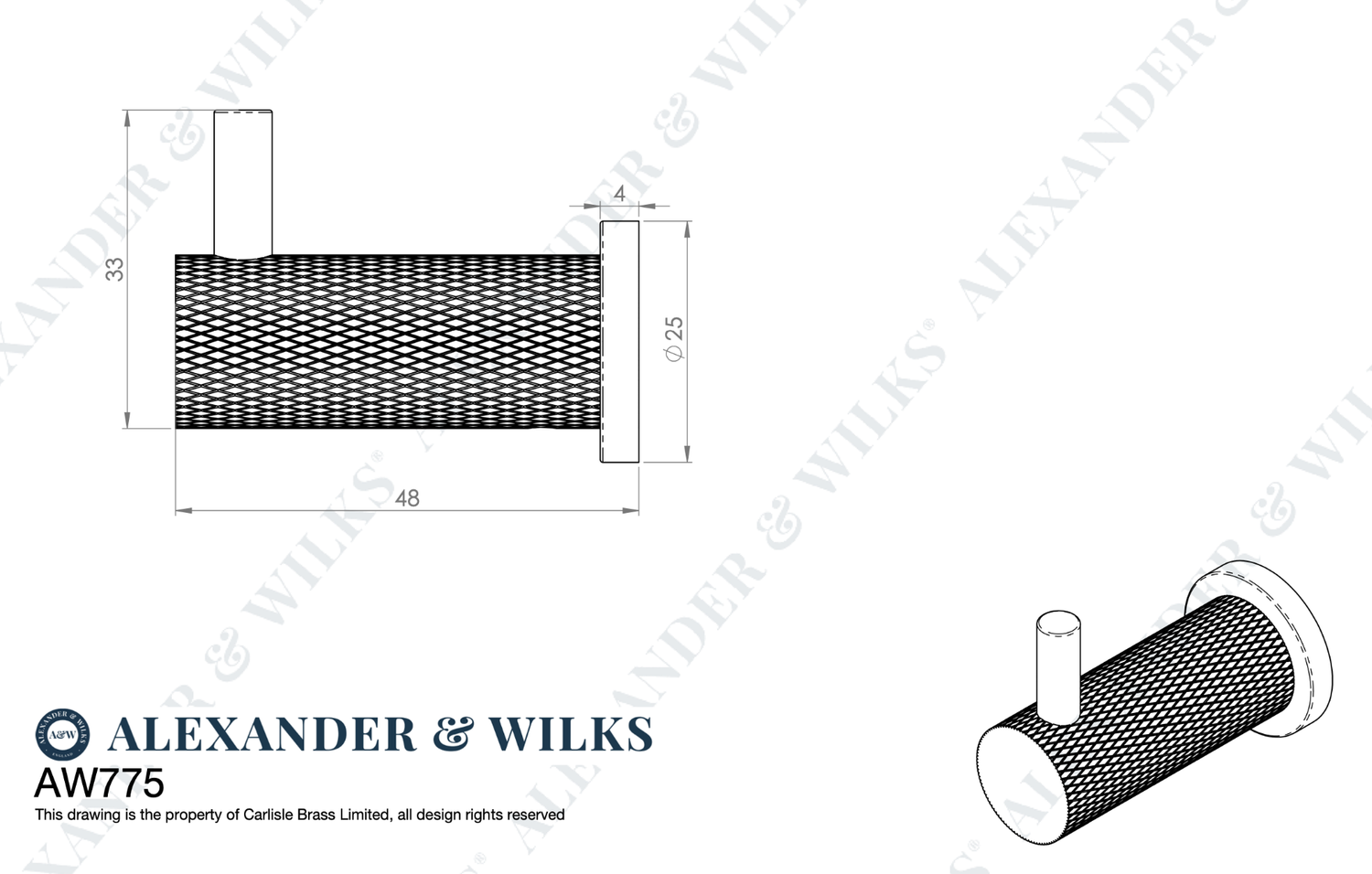 Alexander & Wilks Satin Nickel Brunel Knurled Coat Hook | AW775SN