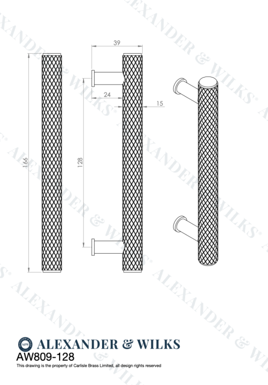 A&W Crispin Satin Chrome Knurled T Bar Pull Handle c/c 128mm