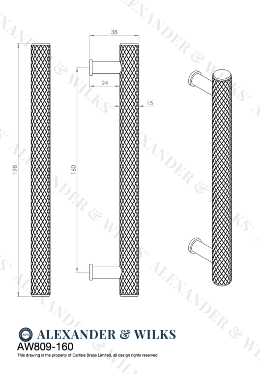 A&W Crispin Satin Nickel Knurled T Bar Pull Handle c/c 160mm