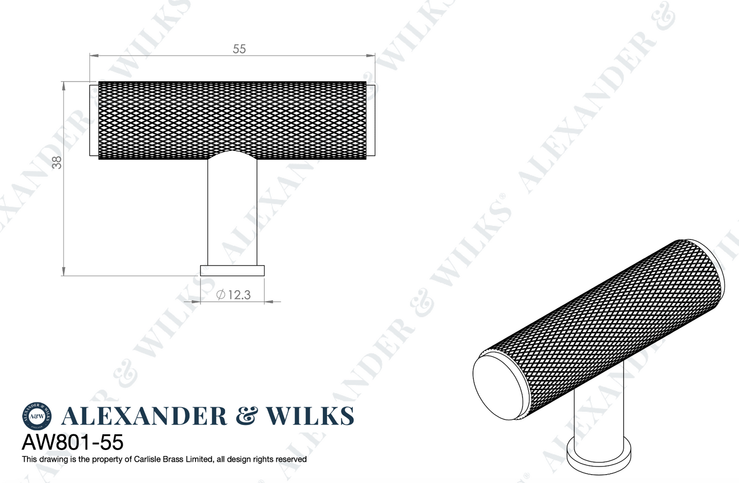 Alexander and Wilks Dark Bronze PVD Crispin Knurled T Bar Cupboard Knob