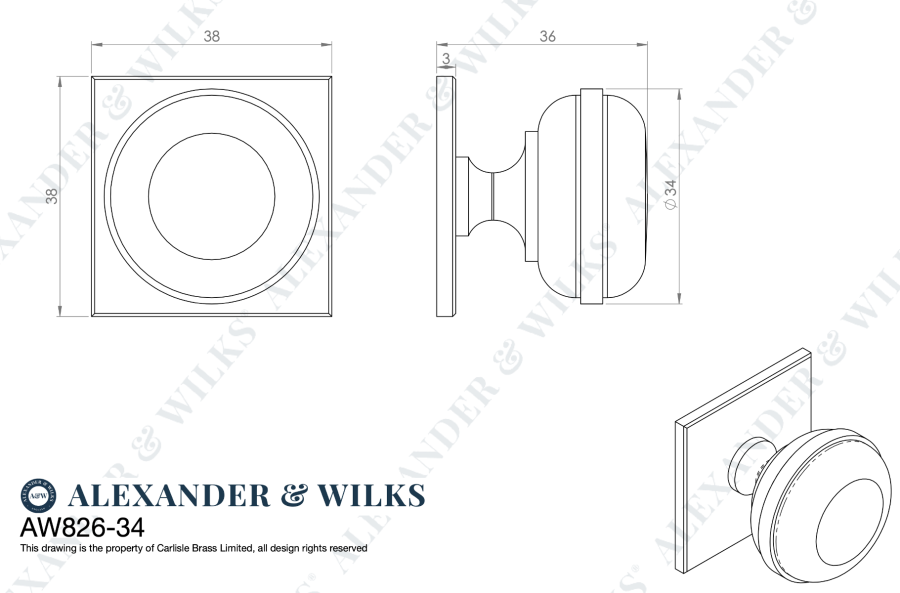 Alexander and Wilks 34mm Quantock Polished Chrome Cupboard Knob on Square Backplate