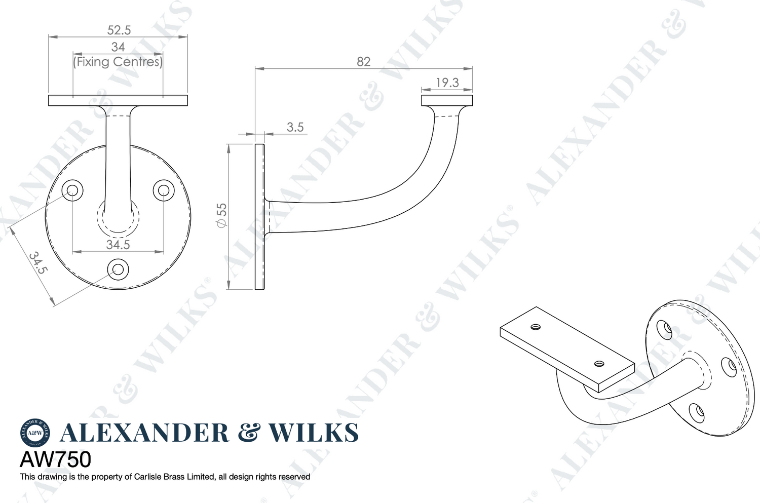 Alexander and Wilks 80mm Satin Chrome Handrail Bracket  | AW750SC