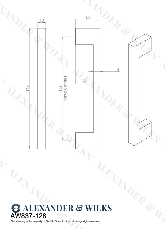 A&W Polished Chrome Marco Cupboard Pull Handle c/c 128mm | AW837-128-PC