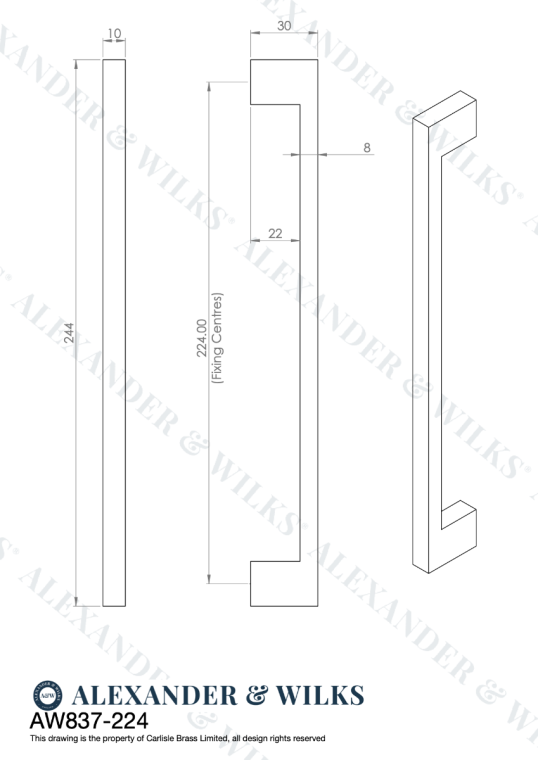 A&W Satin Brass Marco Cupboard Pull Handle c/c 224mm | AW837-224-SB