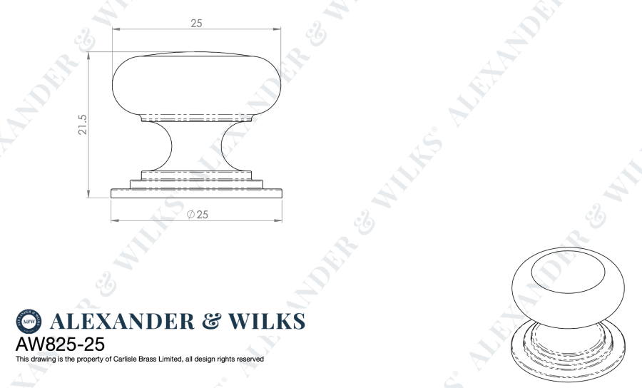 Alexander and Wilks Satin Chrome 25mm Round Cupboard Knob on Stepped Rose | AW825-25-SC