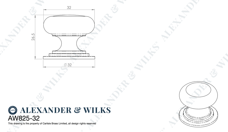 Alexander and Wilks Polished Brass Lacquer 32mm Round Cupboard Knob on Stepped Rose | AW825-32-PBL