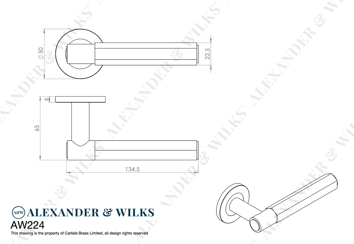 Alexander & Wilks Italian Brass Spitfire Lever Hexagonal Cut on rose | AW224IB
