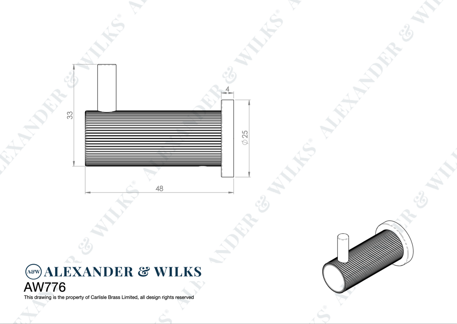 Alexander & Wilks Satin Nickel PVD Brunel Reeded Line Coat Hook | AW776SN